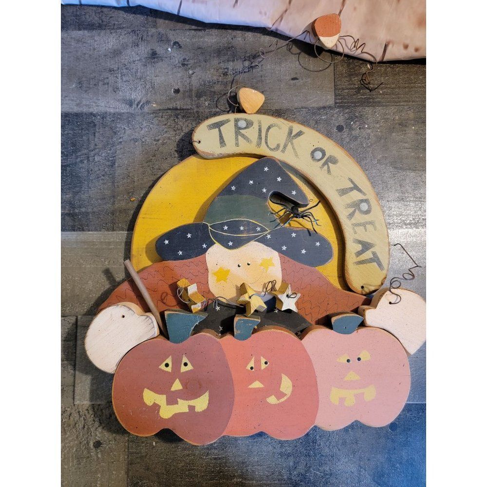 Country Folkart Halloween witch trick or treat pumpkin spider stars wall decor s